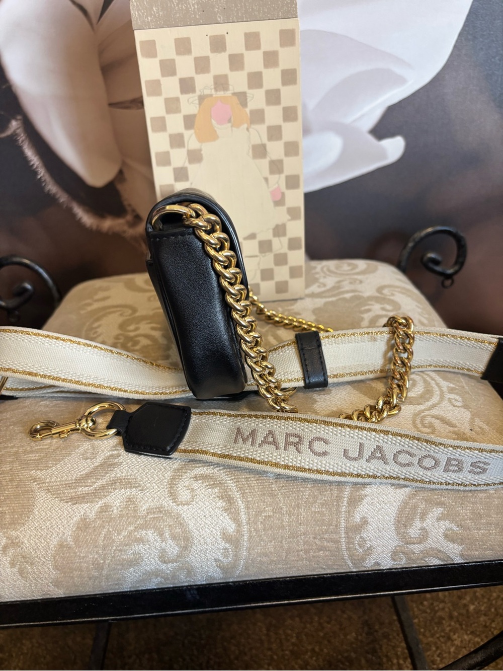Marc Jacobs Black Leather Crossbody with Gold Chain and Branded Cream Strap - Picture 4 of 13